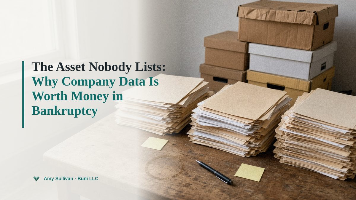 Worn law-office desk with stacks of manila folders and banker's boxes, with the article title and Buni LLC byline