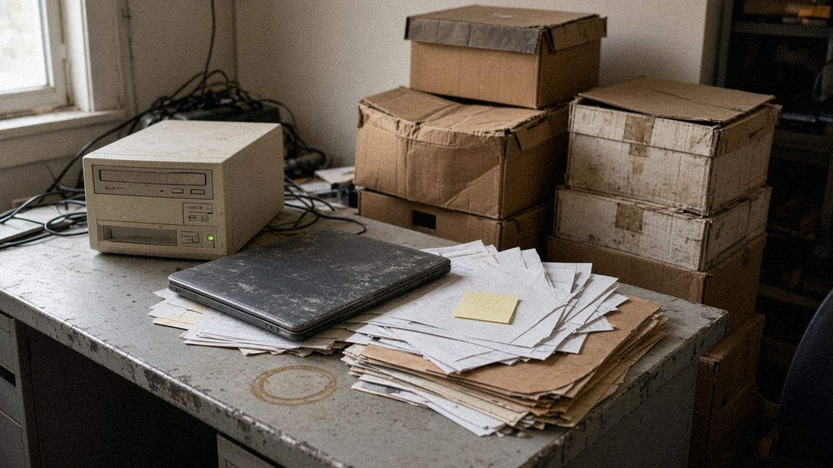 A cluttered back office with an old beige computer, a scuffed closed laptop on loose papers and bent folders, a sticky note, a coffee ring, tangled cables, and worn mismatched archive boxes